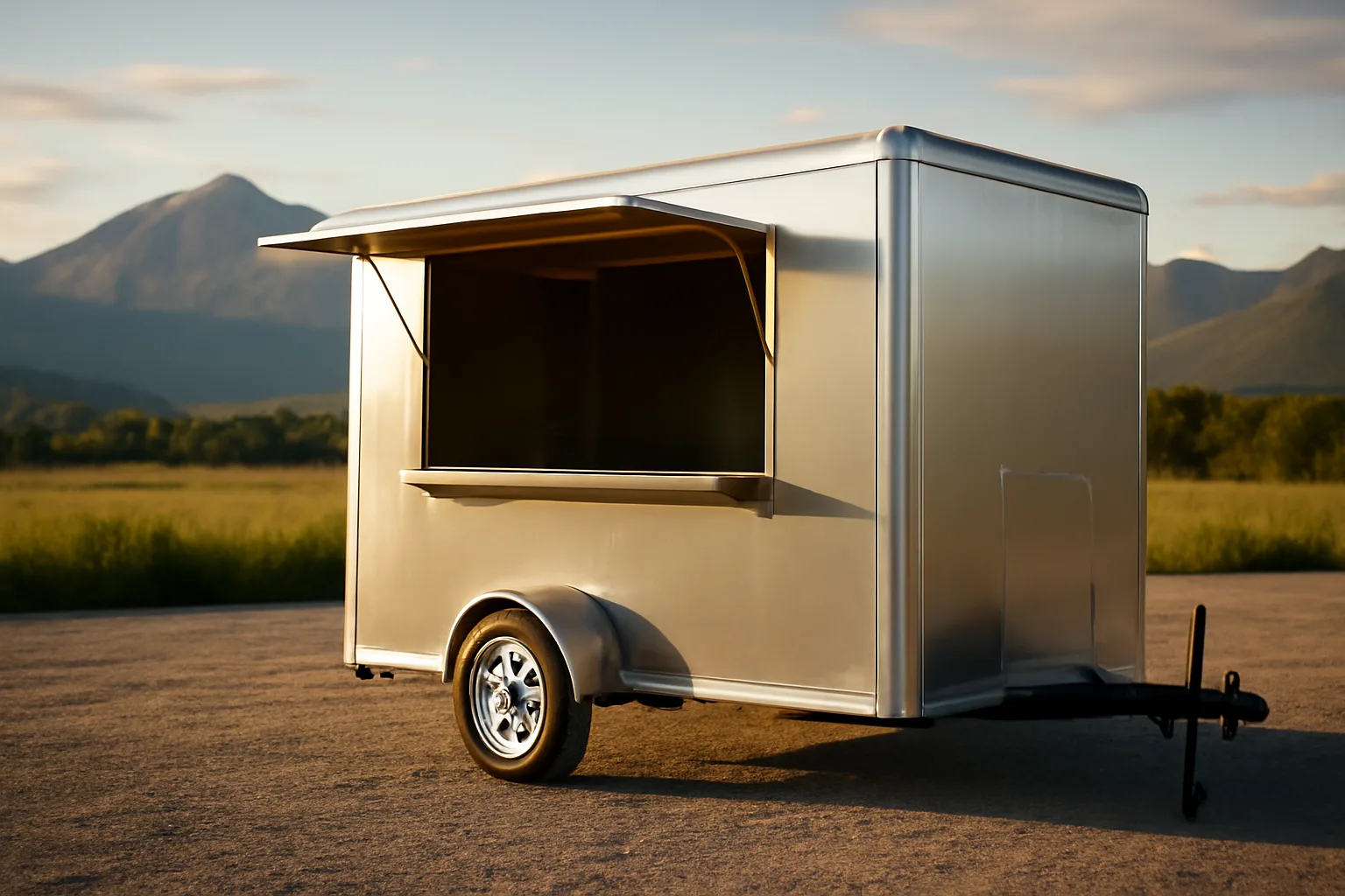 Silver concession trailer on gravel lot with Alaska mountains in background at sunset