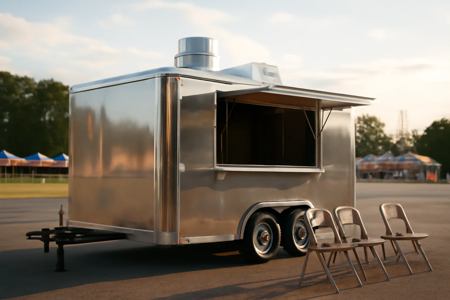 Stainless steel concession trailer open for service at an Alabama fairground