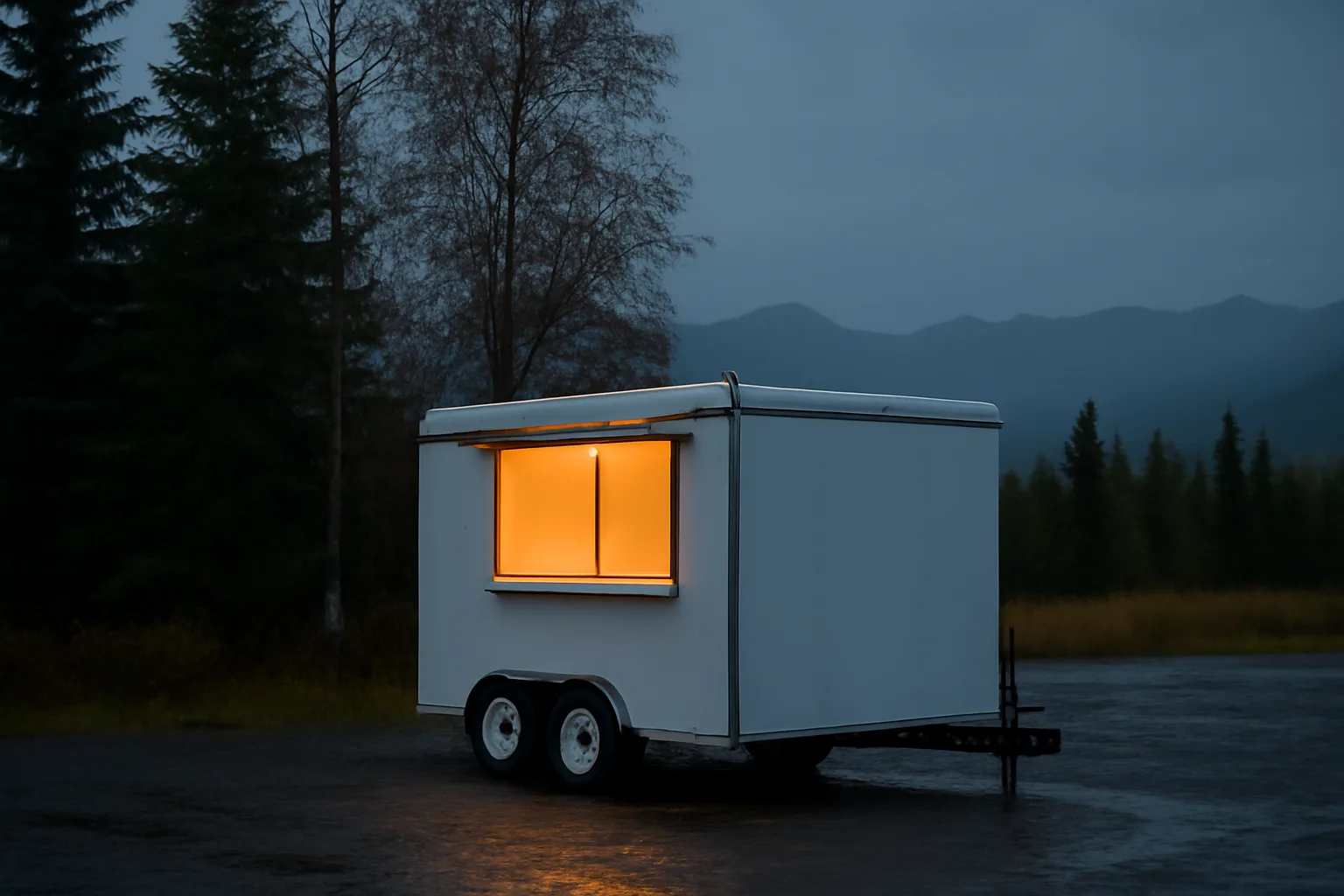 Concession trailer at dusk beside spruce near Palmer Alaska