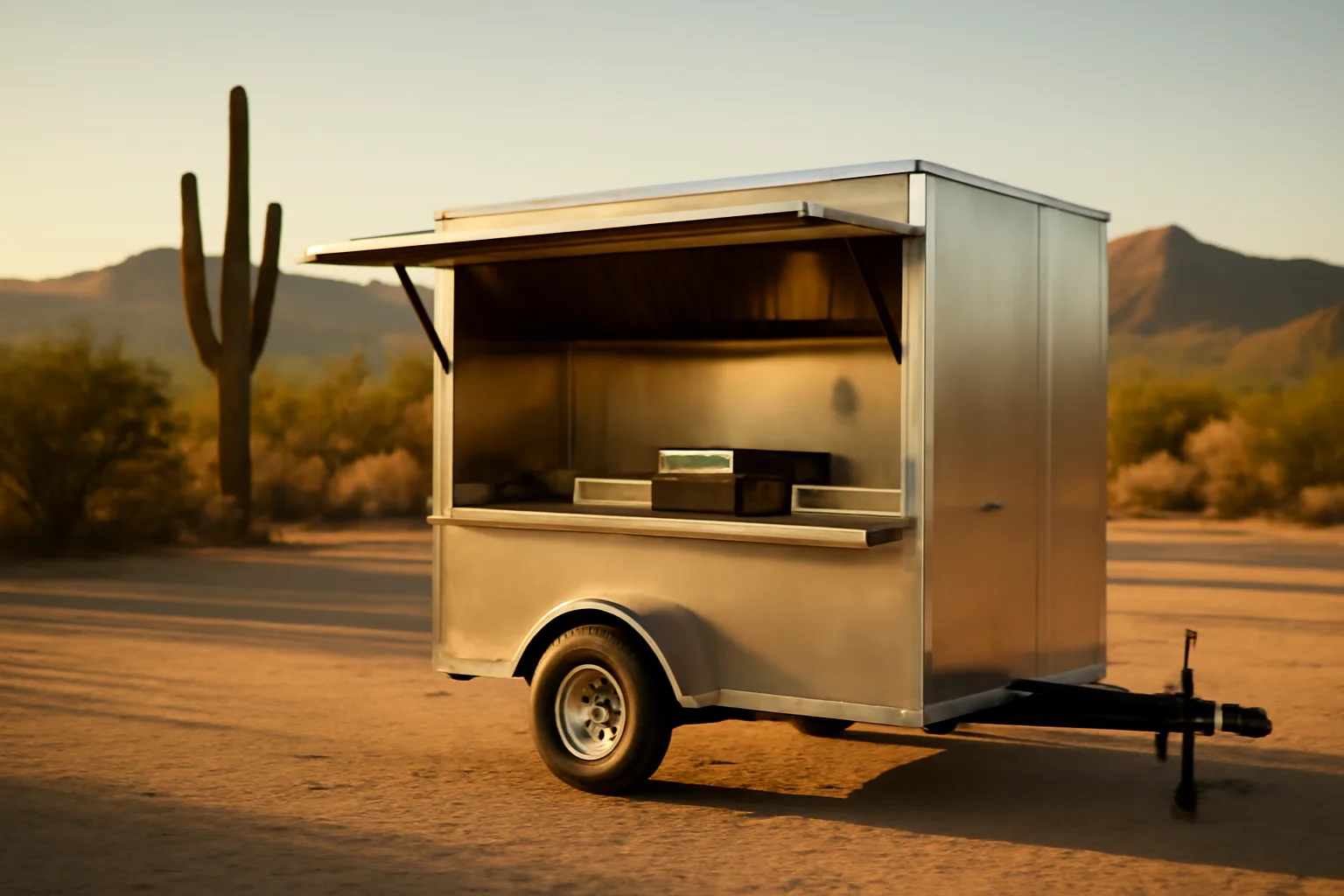 Stainless steel concession trailer on a sunlit Arizona fairground with desert landscape behind