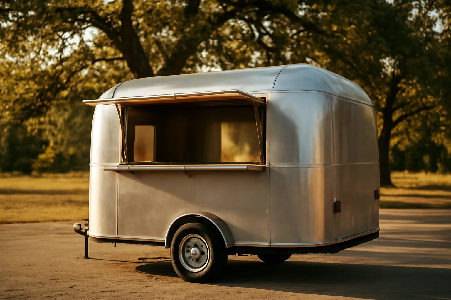 Open concession trailer serving window on Arkansas asphalt lot in afternoon sun