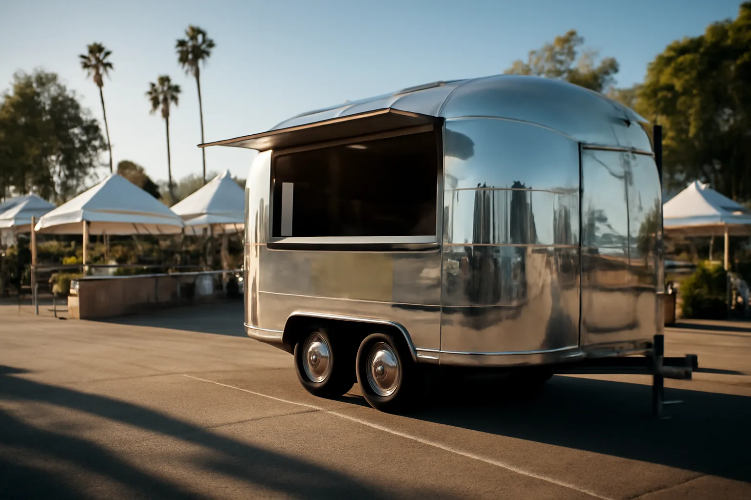 Aluminum concession trailer with open service window at a sunny California outdoor market