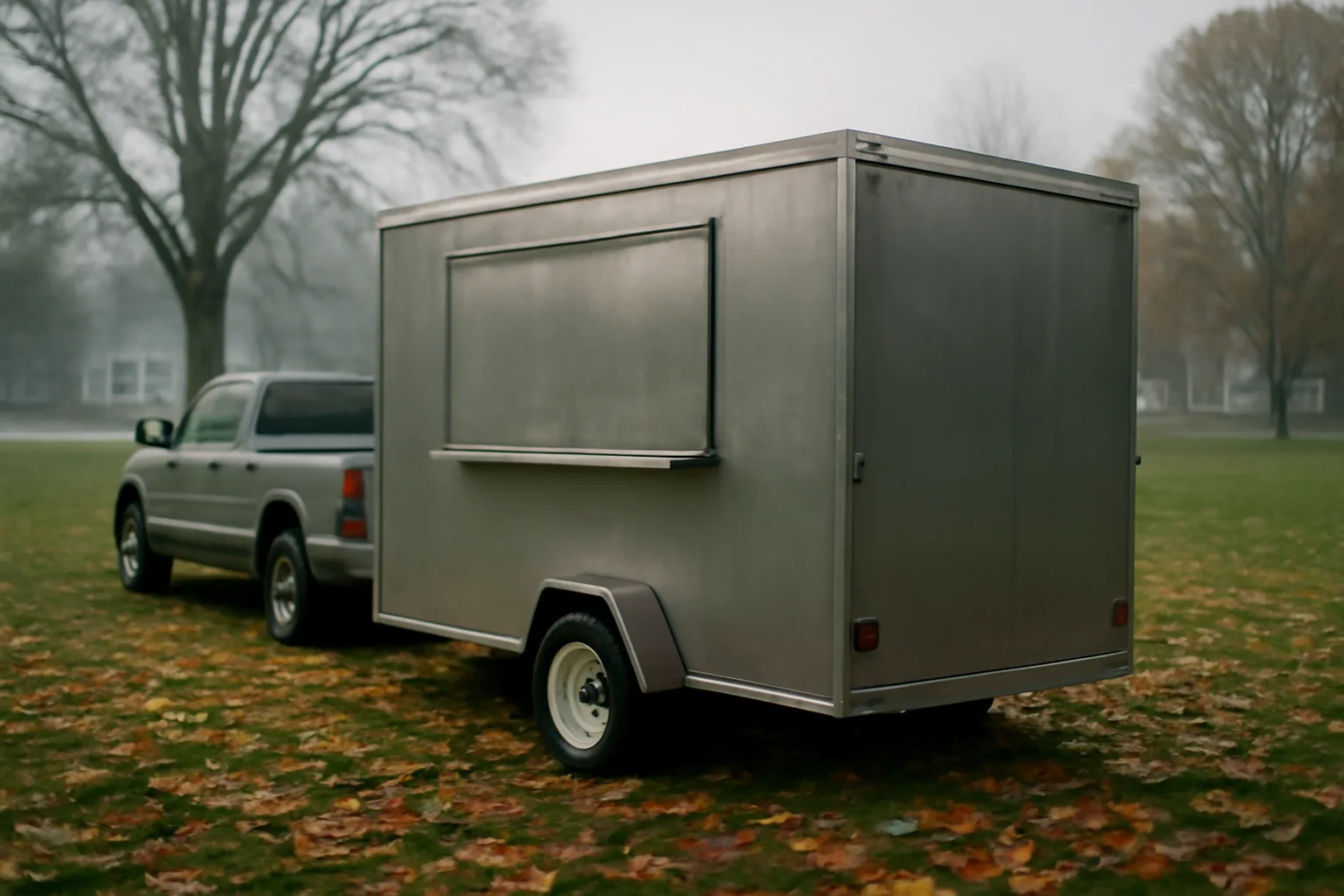 Unlettered concession trailer parked on a wet Connecticut town green