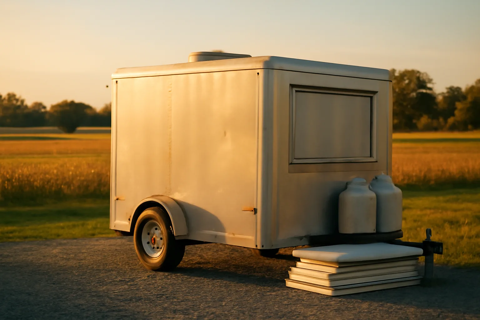 Closed concession trailer parked by a Delaware field at sunset