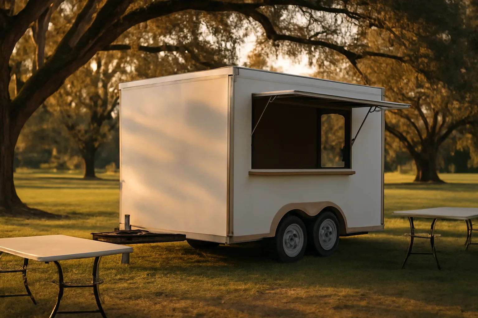 Unmarked concession trailer under live oaks in Florida afternoon light
