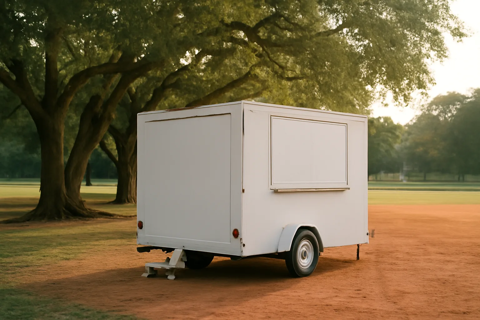Unbranded concession trailer parked under Georgia live oaks at dusk