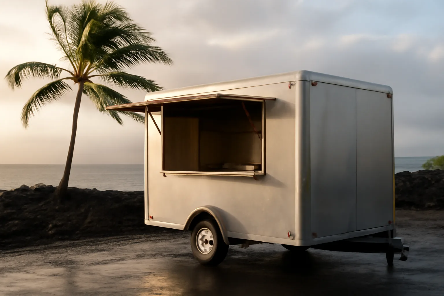 Unbranded concession trailer parked on Hawaiian lava rock at sunrise