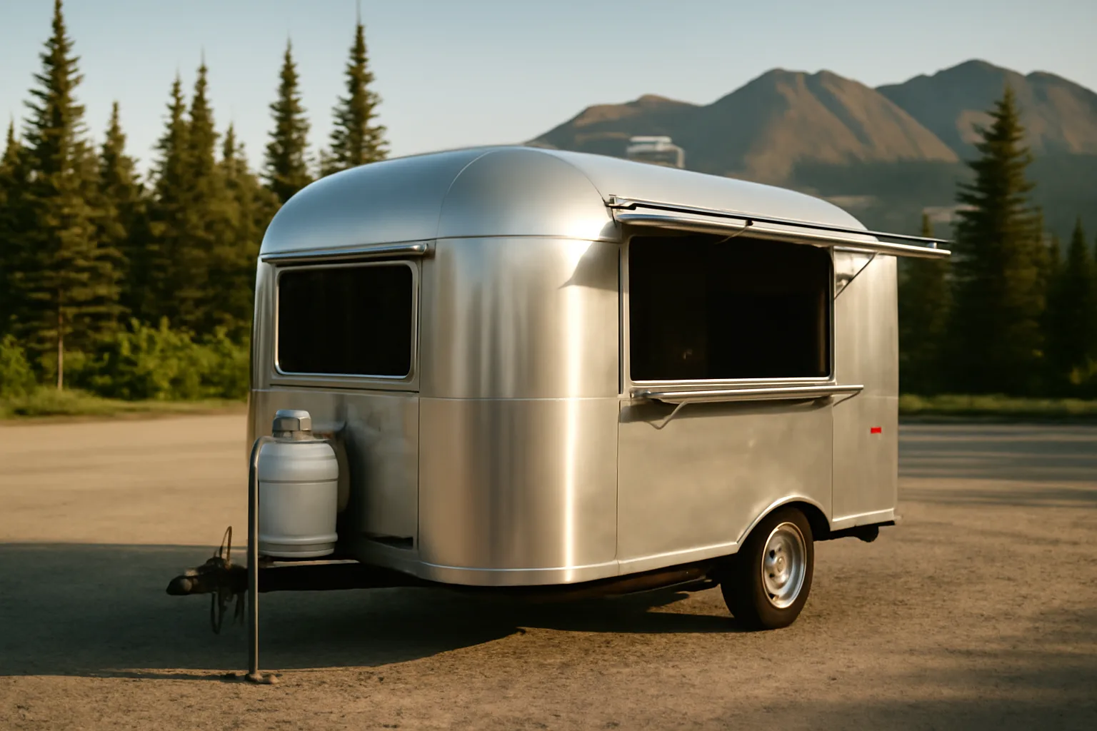 Concession trailer parked on gravel lot with Alaska mountains in background
