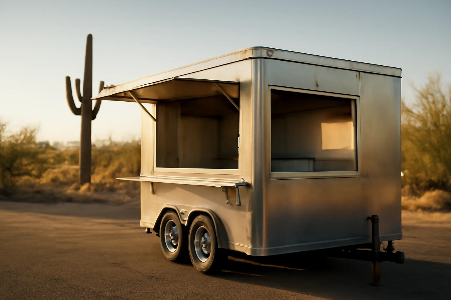 Concession trailer parked at an outdoor Arizona market in early morning desert light
