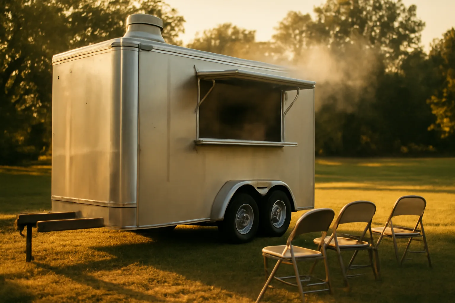 Concession trailer at an Arkansas fairground in afternoon light with smoke rising