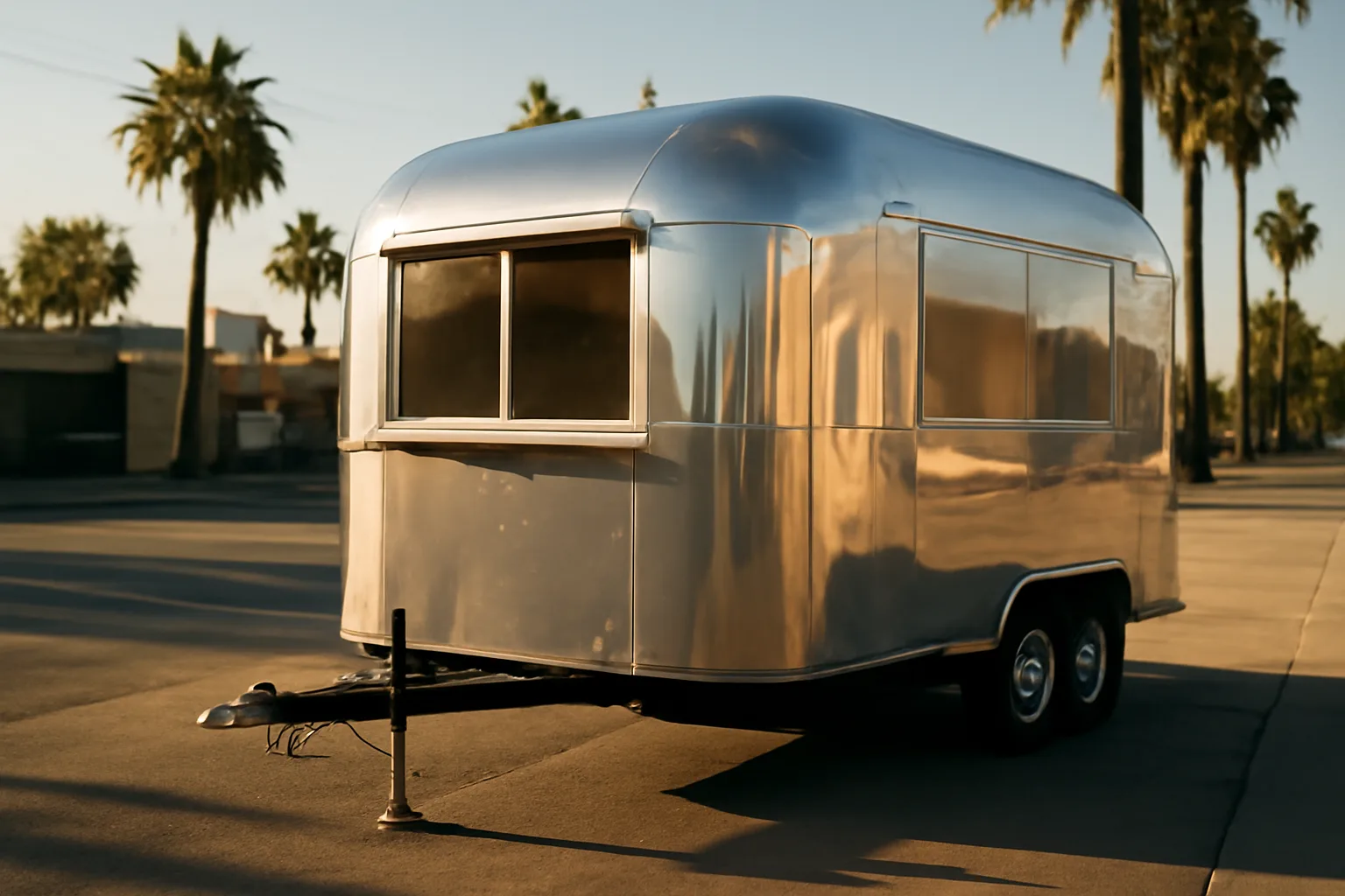 Silver concession trailer on a California street in morning sunlight