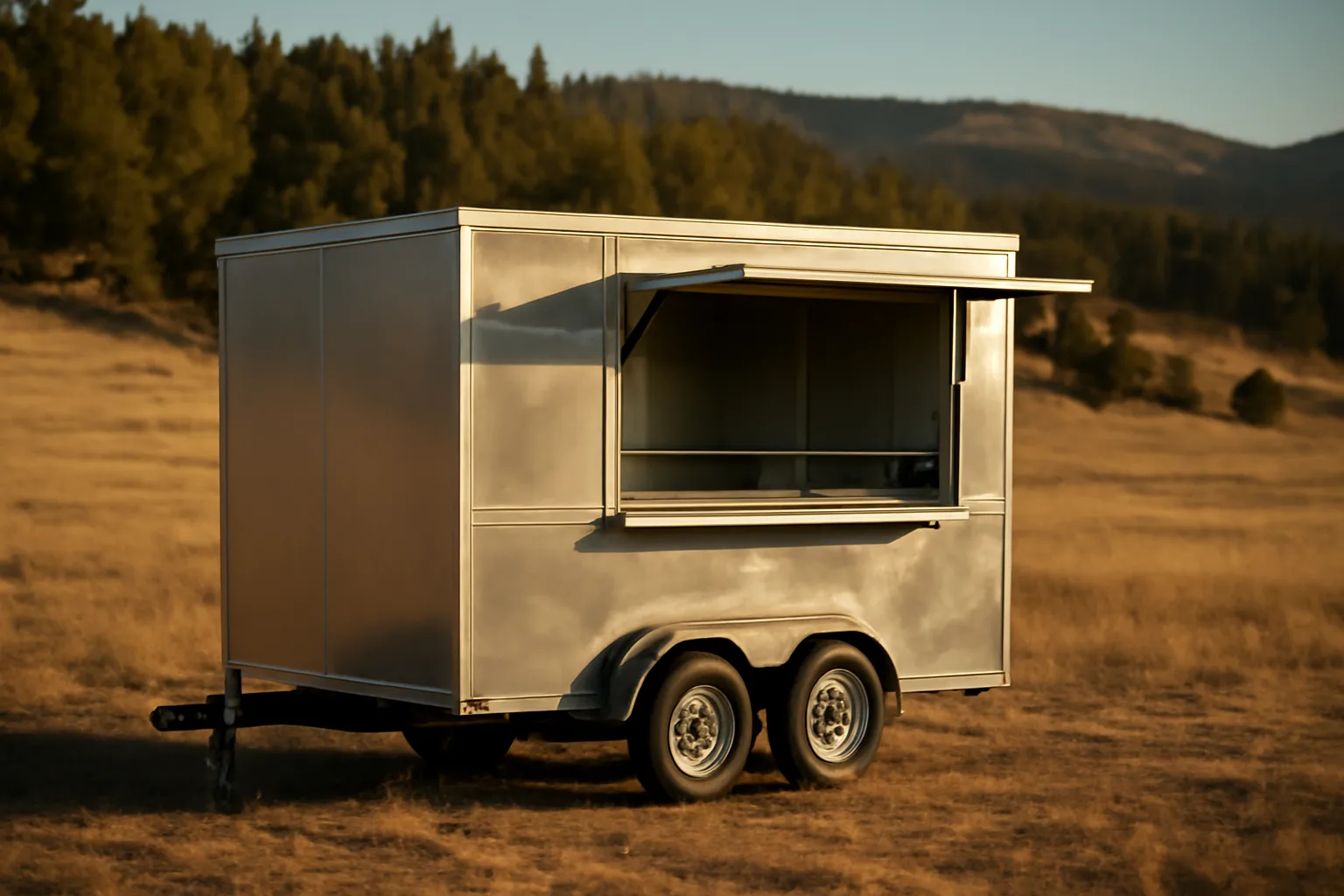 Unmarked concession trailer parked in a Colorado foothills field