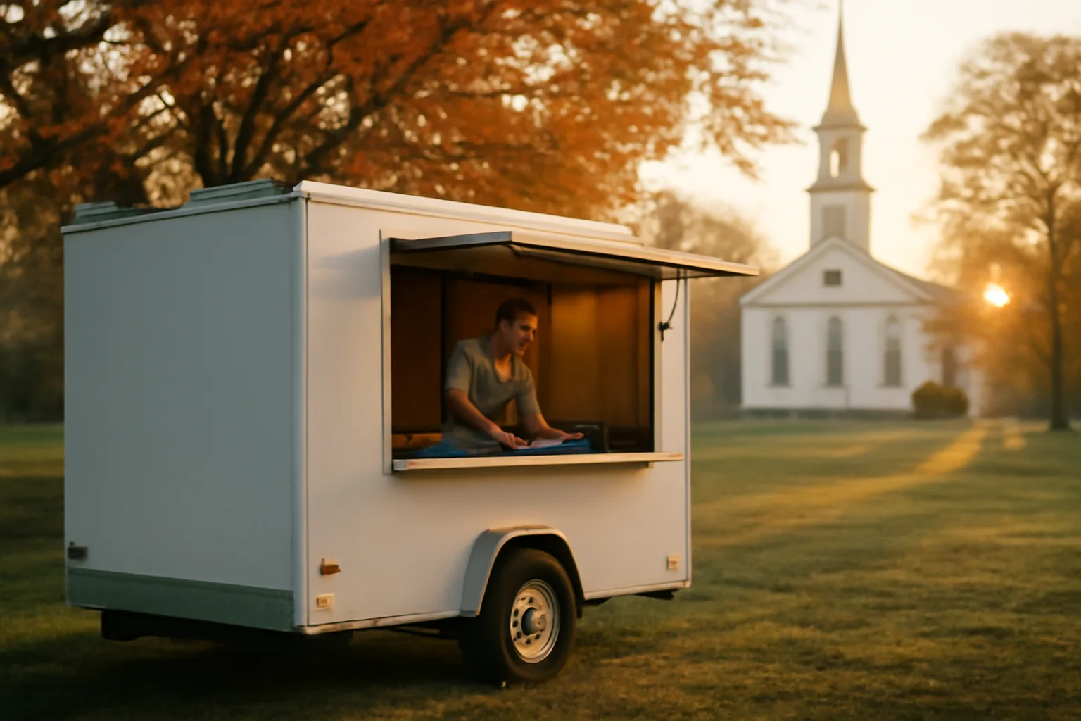 Concession trailer on a Connecticut green at sunrise by maple trees