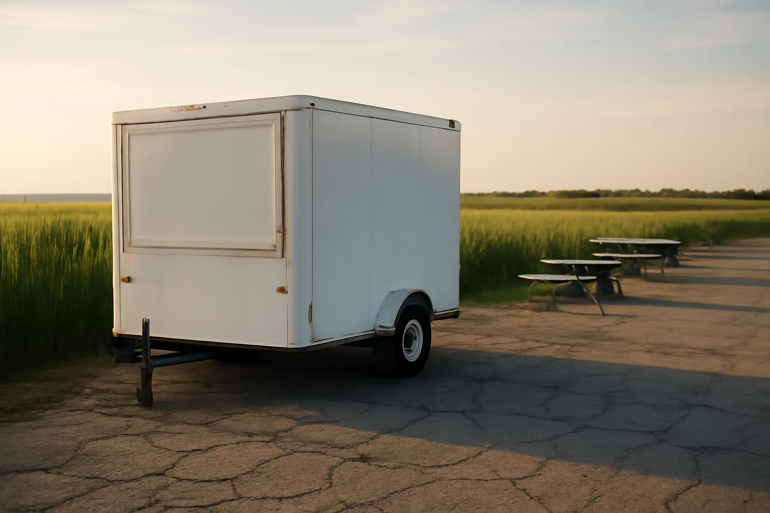 White concession trailer parked by Delaware marsh grass at sunset