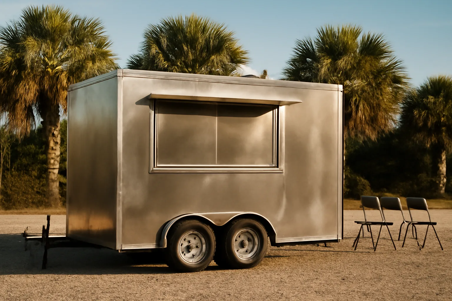 Stainless concession trailer in Florida lot under palms at sunset