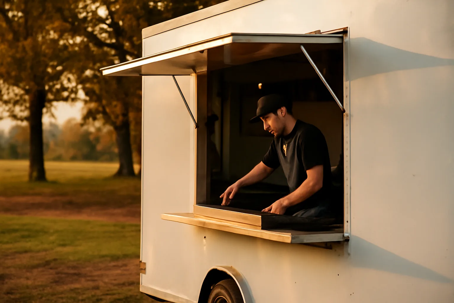 Concession trailer on red Georgia clay with an open service window