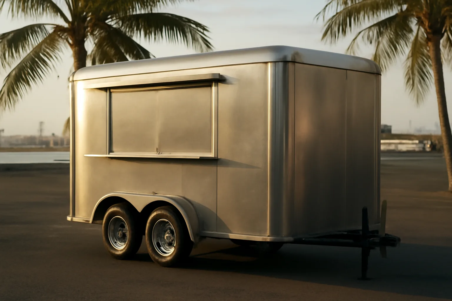 Unmarked Hawaii concession trailer parked near Honolulu Harbor in afternoon shade