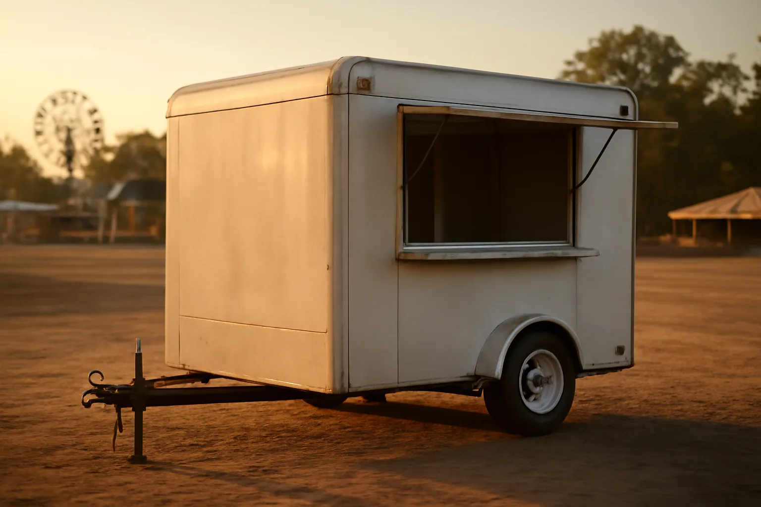 White concession trailer open for service at an Alabama fairground in afternoon light