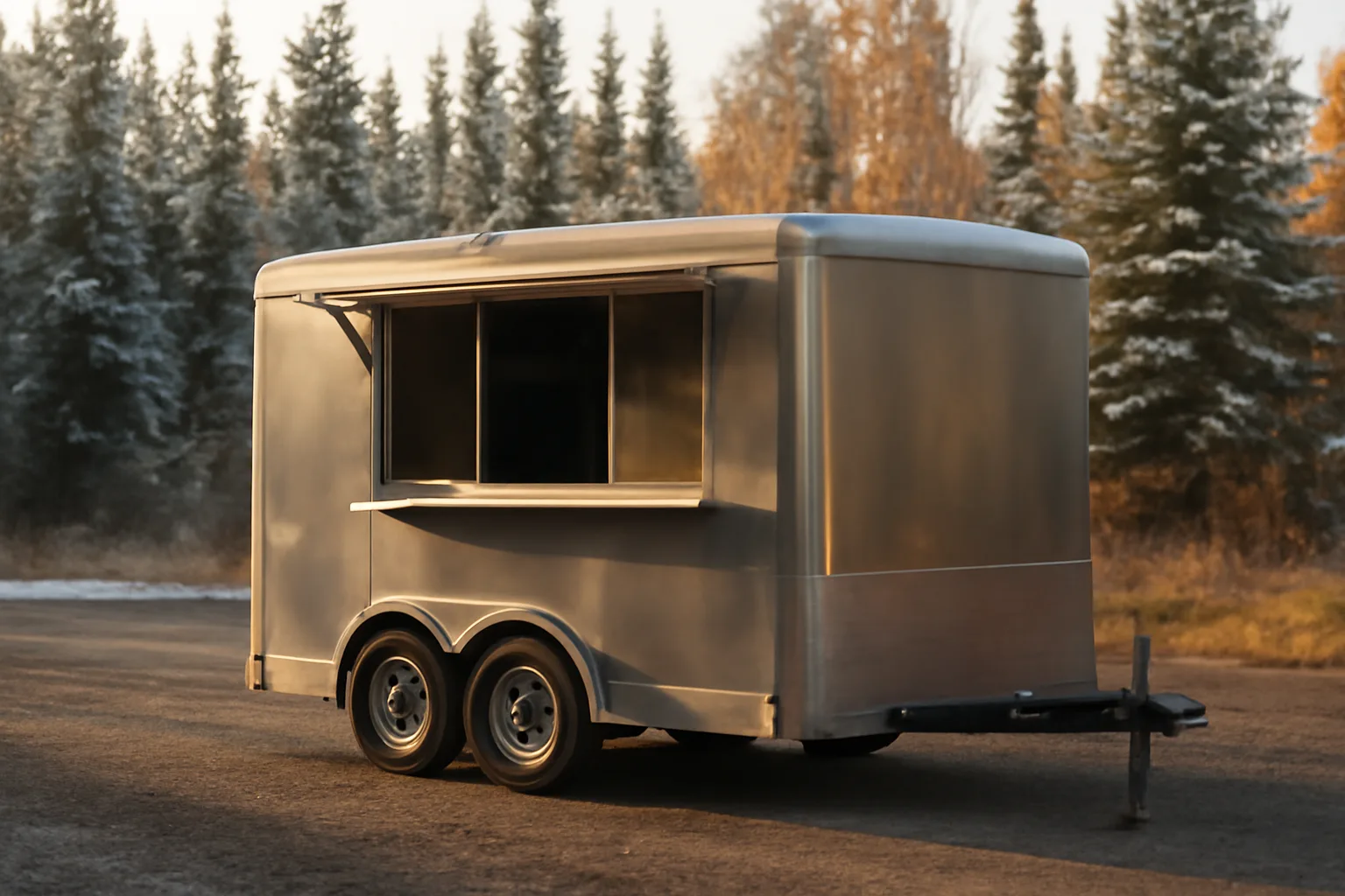 Concession trailer parked on gravel lot with Alaska spruce trees in background