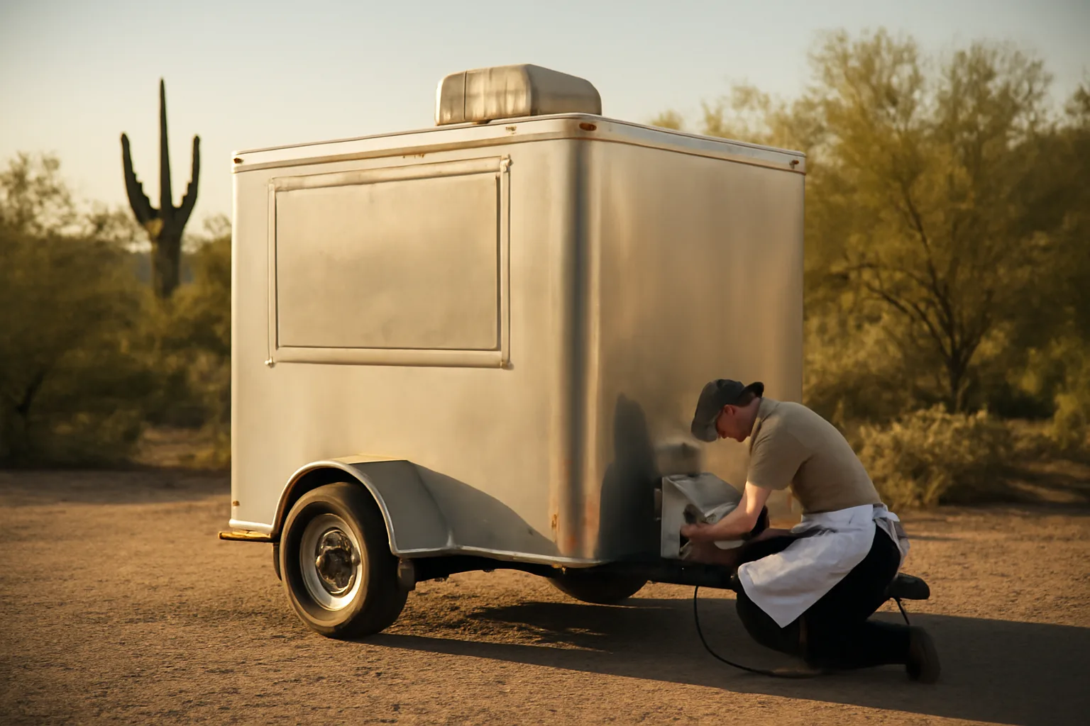 Concession trailer parked on Arizona desert gravel in late sun