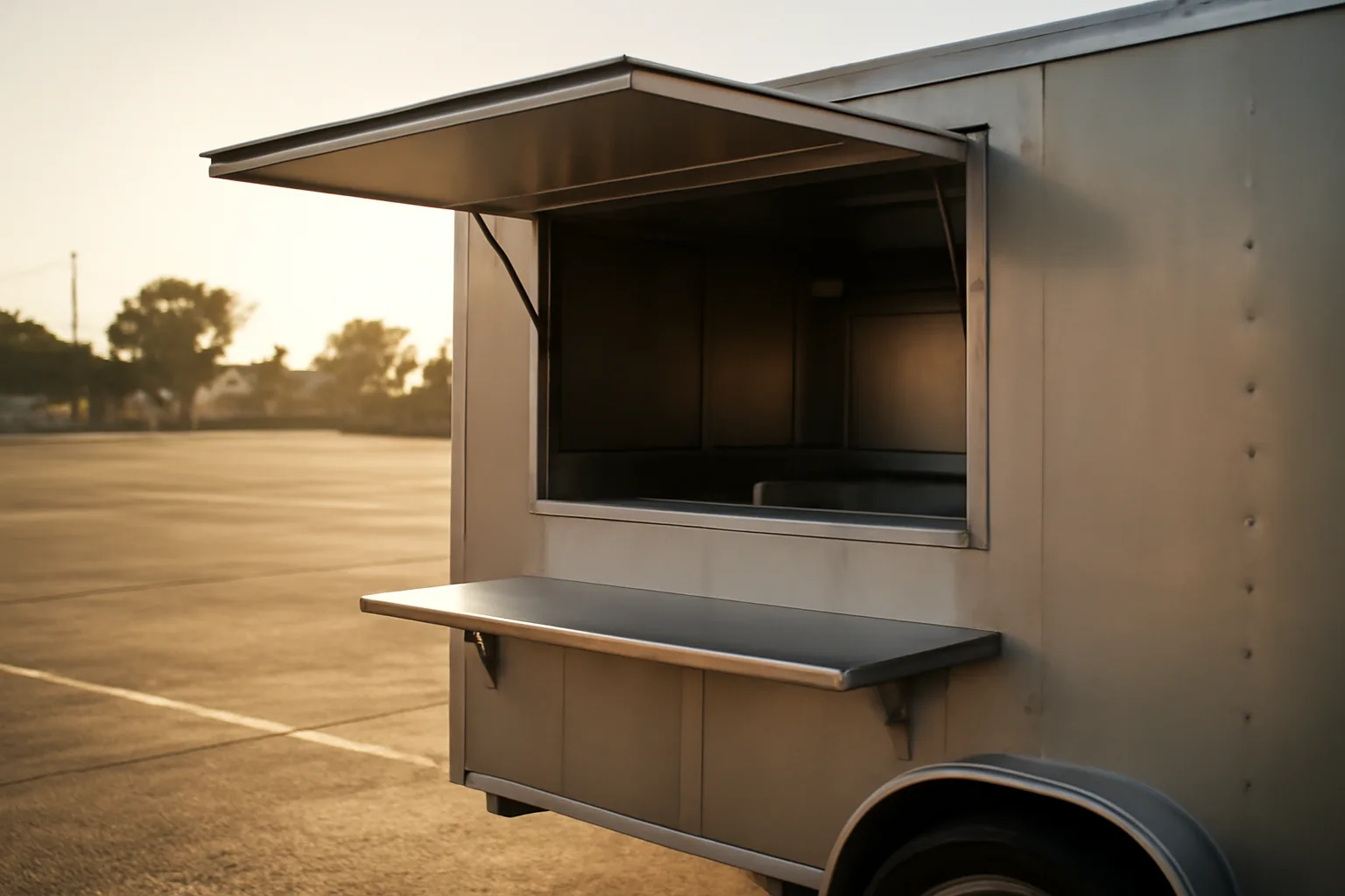 Open concession trailer service window at a California fairground on a sunny afternoon