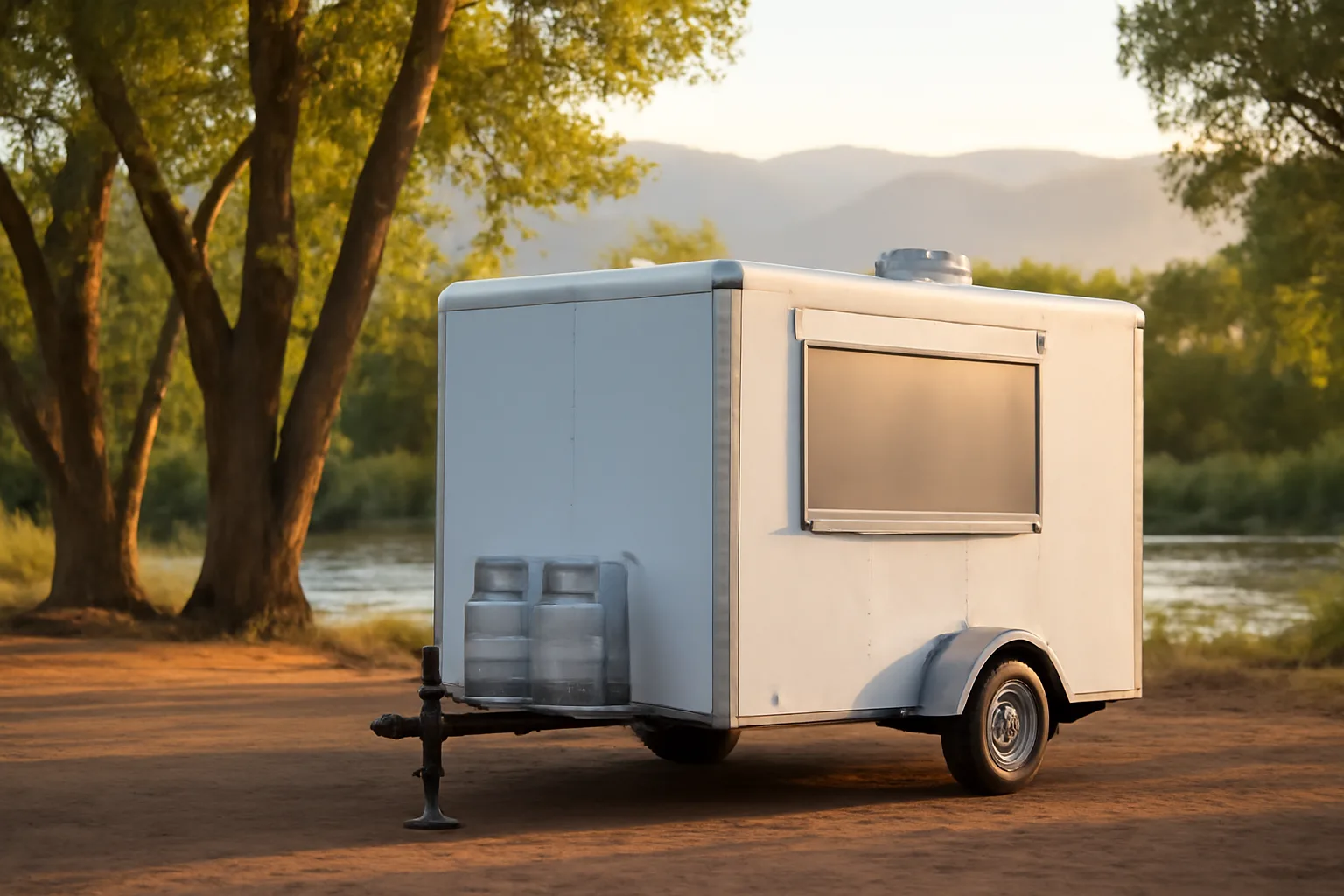 Closed Colorado concession trailer parked near foothills at sunrise