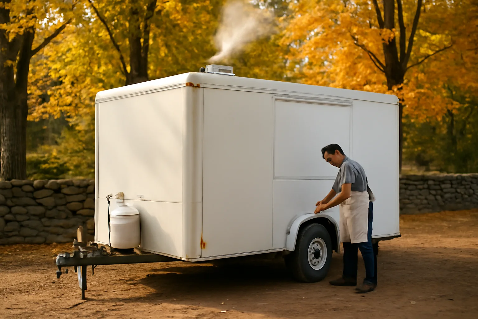 Unlettered concession trailer beside maples at October sunrise in Connecticut
