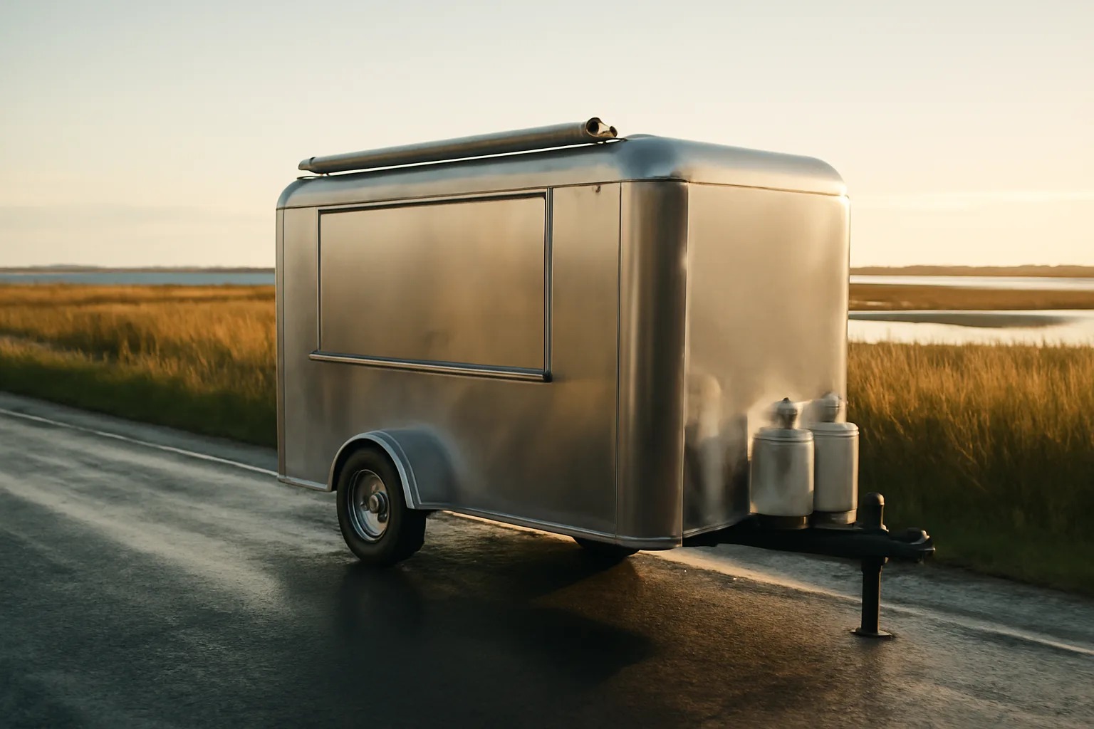 Unmarked concession trailer beside a Delaware coastal road at morning