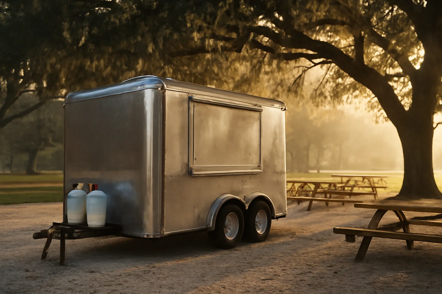 Unlettered concession trailer in Florida oaks at sunrise