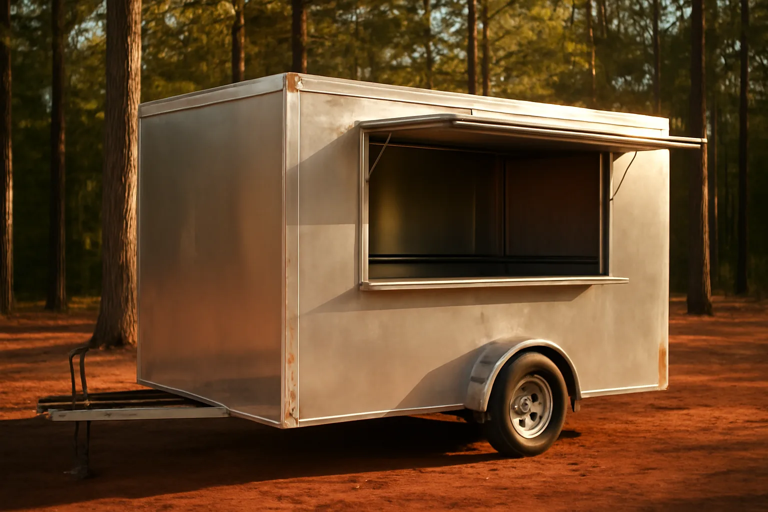 Open concession trailer on red Georgia clay beside pine trees