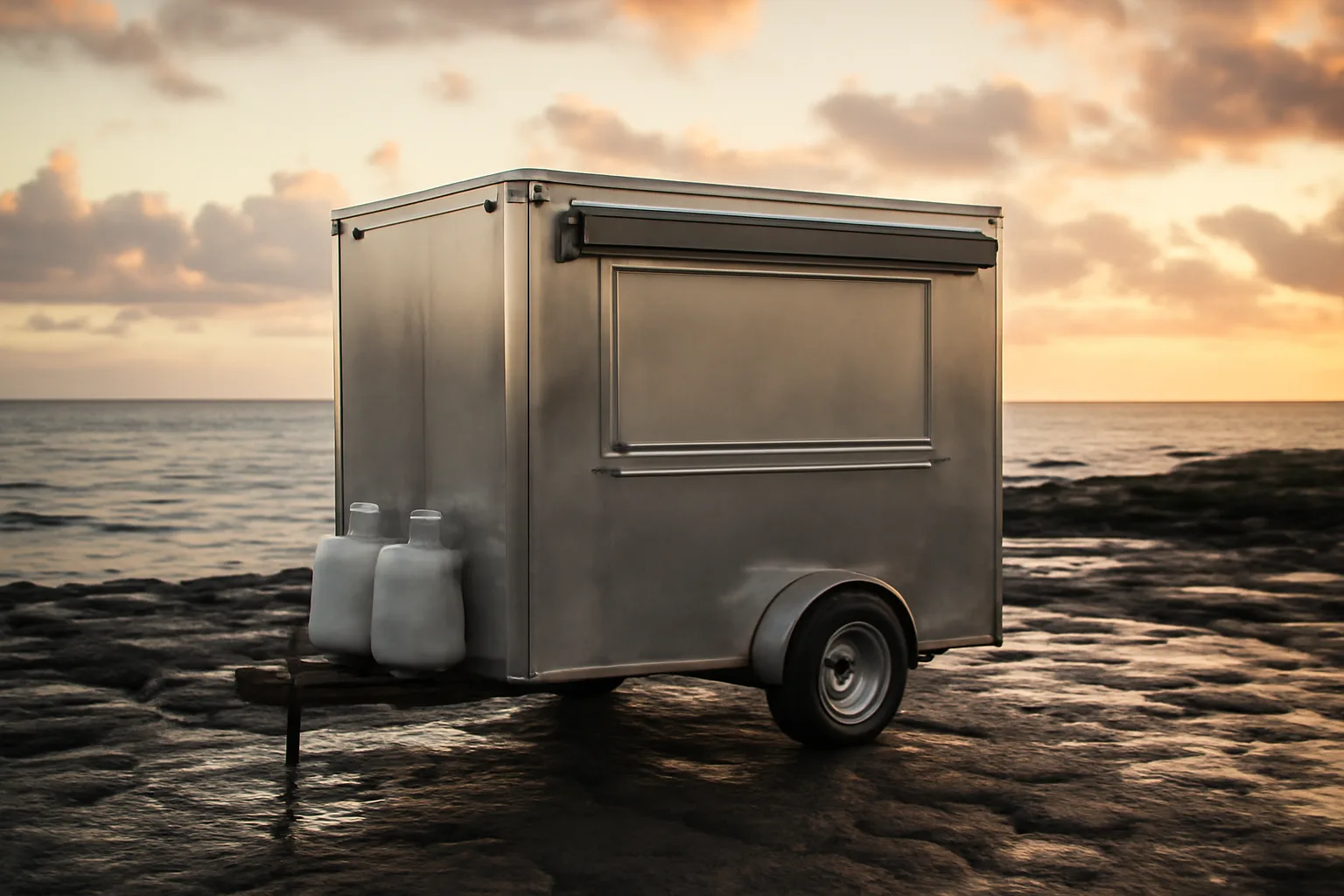 Stainless concession trailer parked near an Oahu shoreline at sunrise