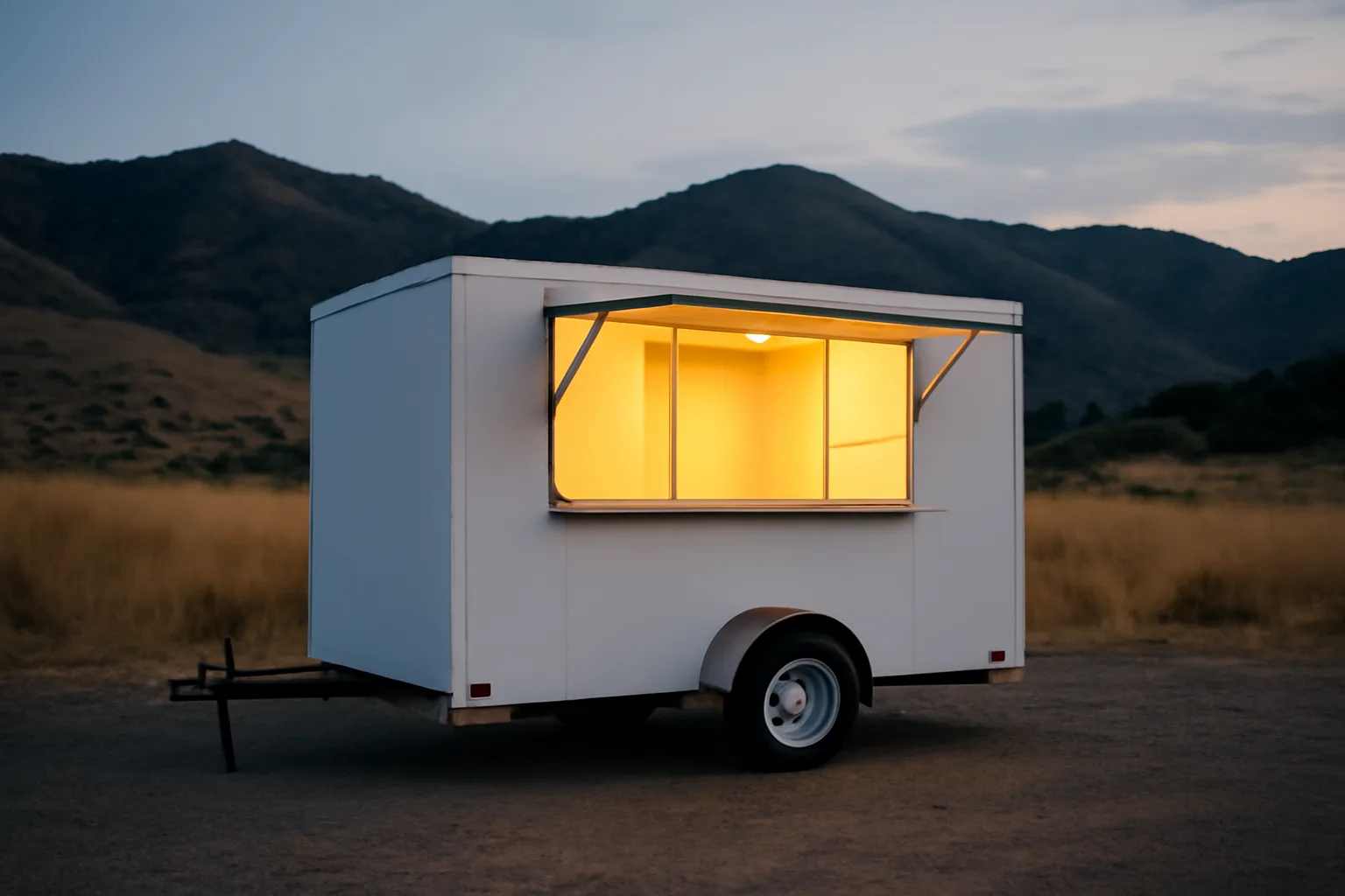 White concession trailer at dusk below the Idaho foothills