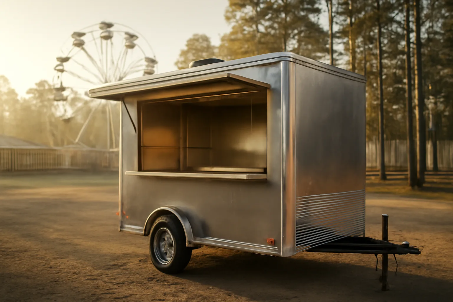 Concession trailer open at a fairground in Alabama on a sunny morning