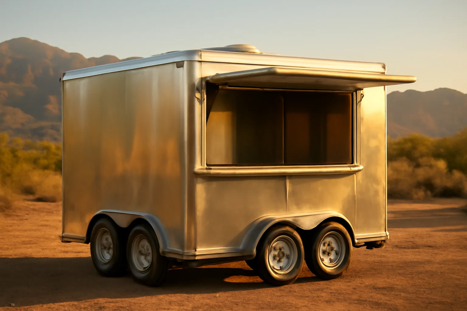 Open concession trailer service window under Arizona afternoon sun with desert mountains behind