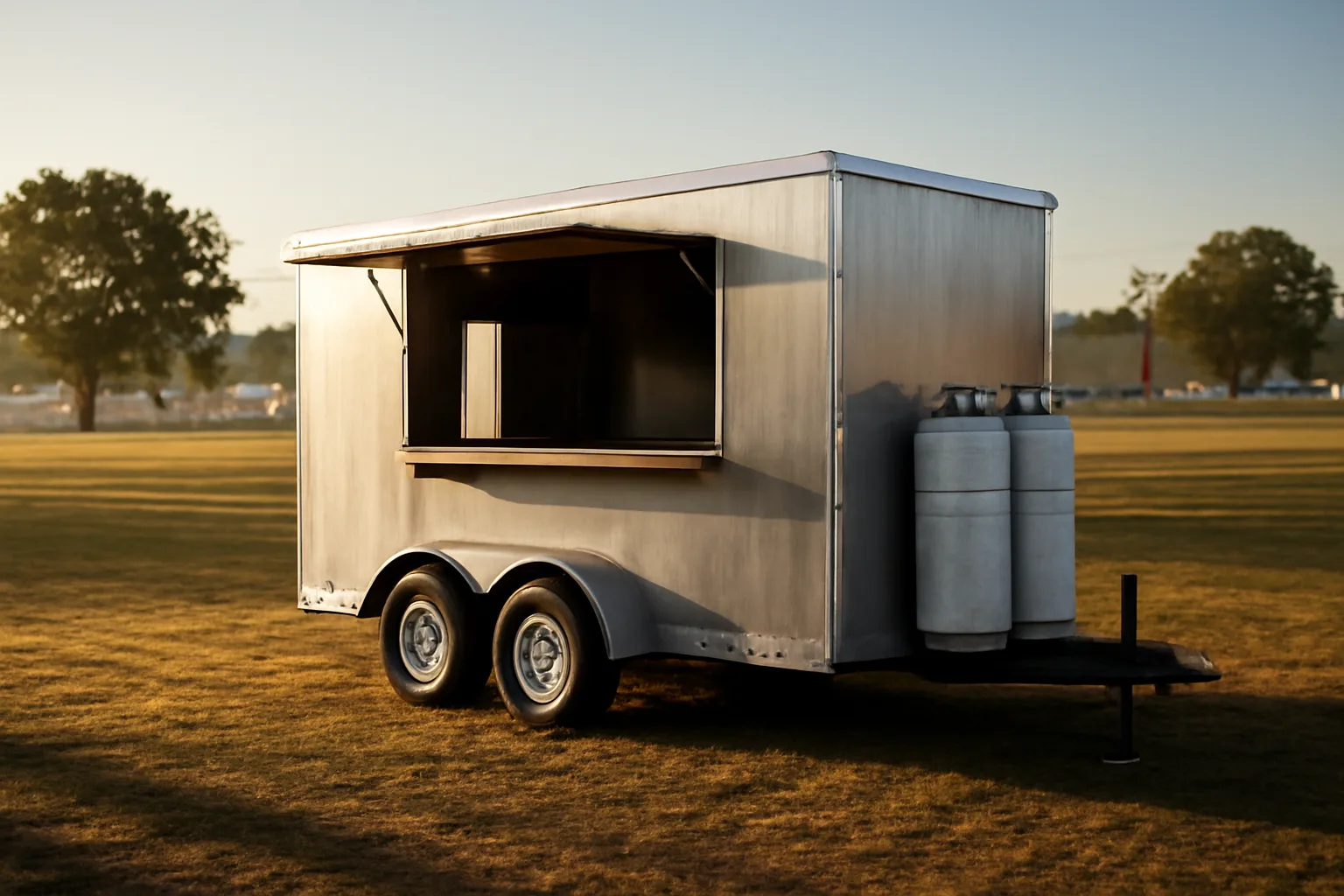 Stainless concession trailer with open service window at an Arkansas fairground morning