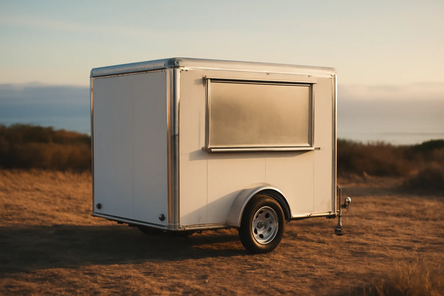 White concession trailer parked on a dry California coastal lot