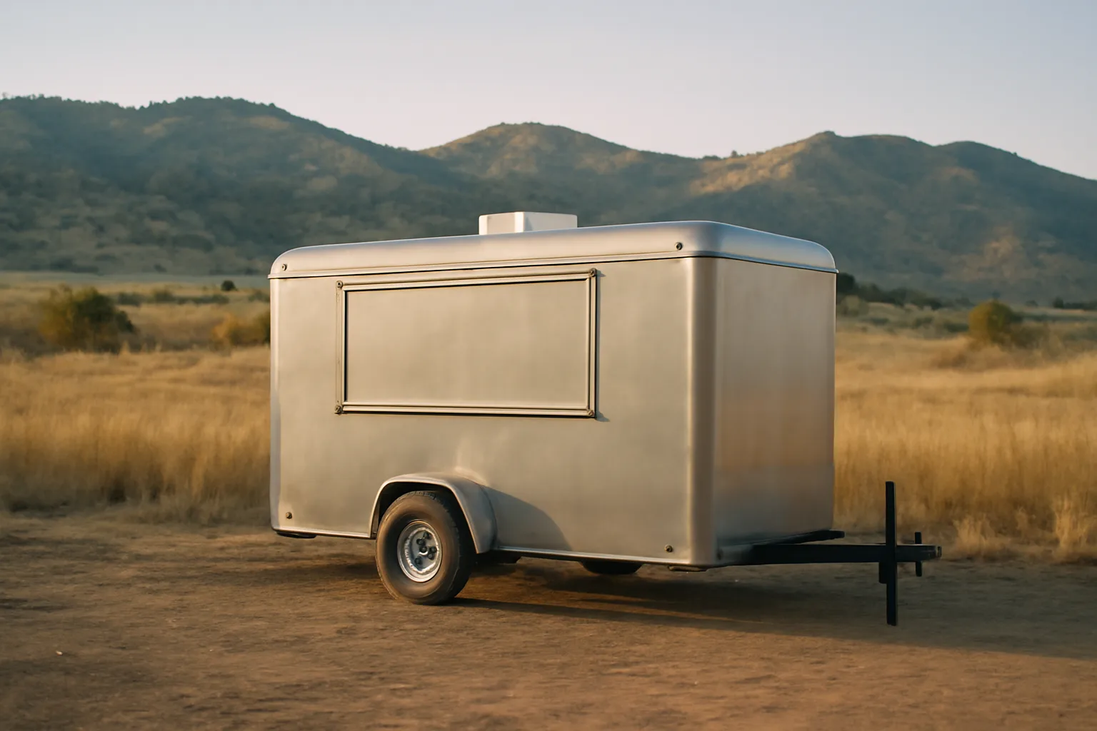 Unlettered concession trailer parked in Colorado foothills morning light