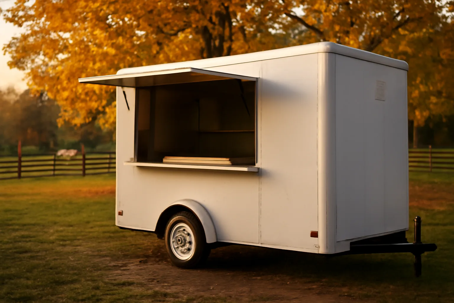 White concession trailer on a Connecticut fairground in late afternoon