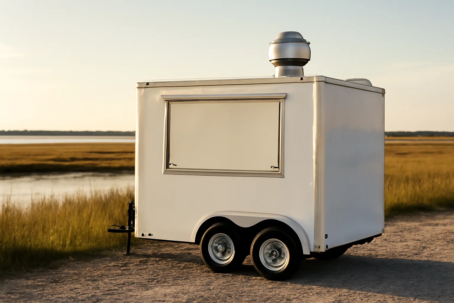 Closed concession trailer beside a Delaware marsh in afternoon light