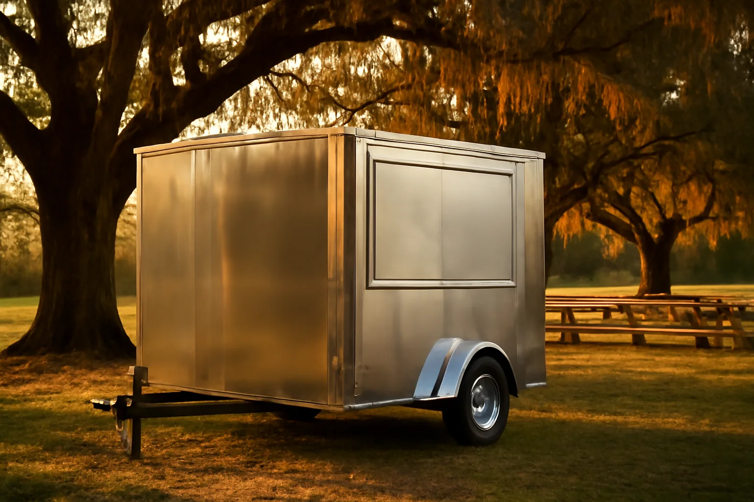 Unlettered concession trailer under live oaks in Florida sunset
