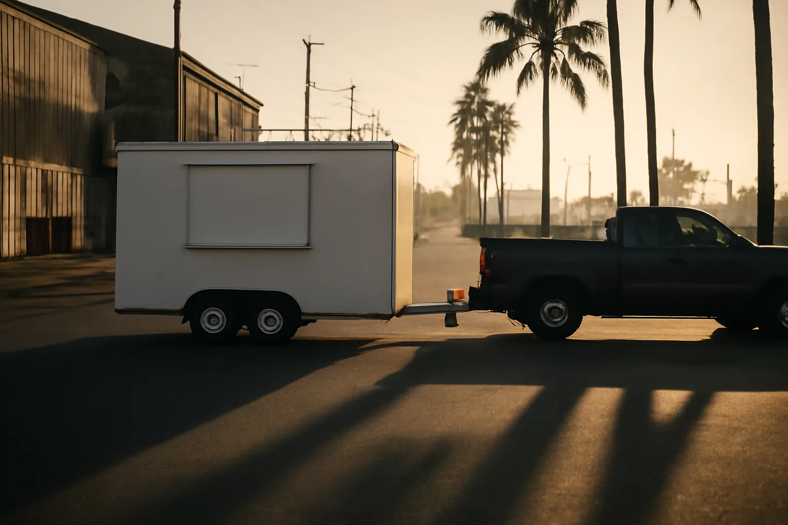 Unlettered white concession trailer parked on a Honolulu street at morning