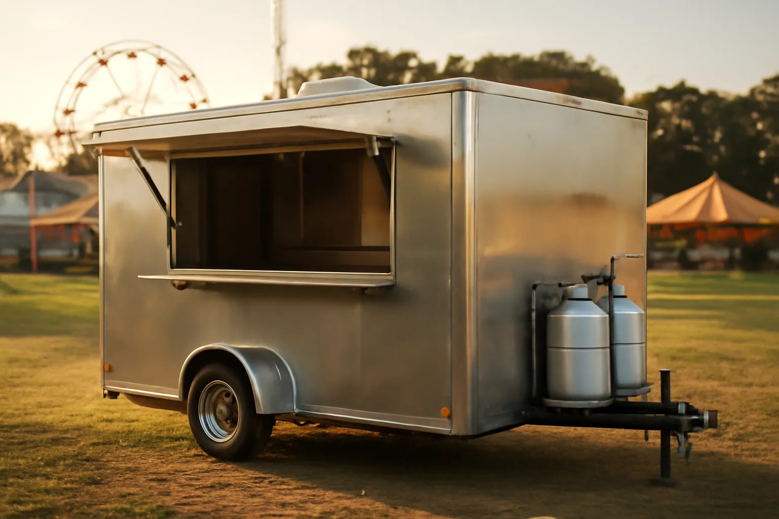 Open concession trailer serving window at an Alabama fairground on a sunny afternoon