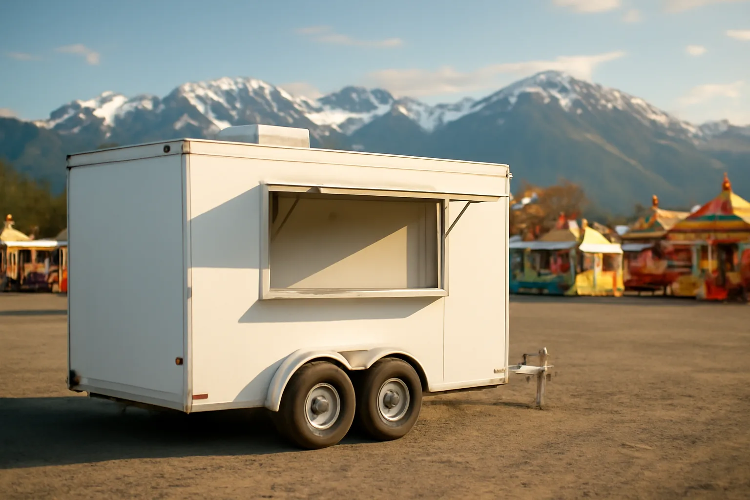White concession trailer parked at an Alaska summer fair with mountains in the background