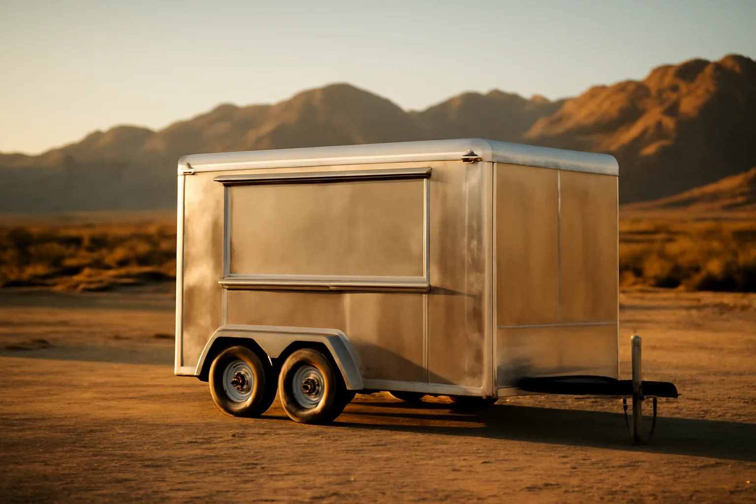 Concession trailer parked on a sunny Arizona desert lot with mountains in background