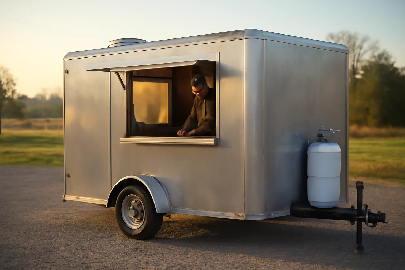Silver concession trailer open for service on a gravel lot in Arkansas morning light
