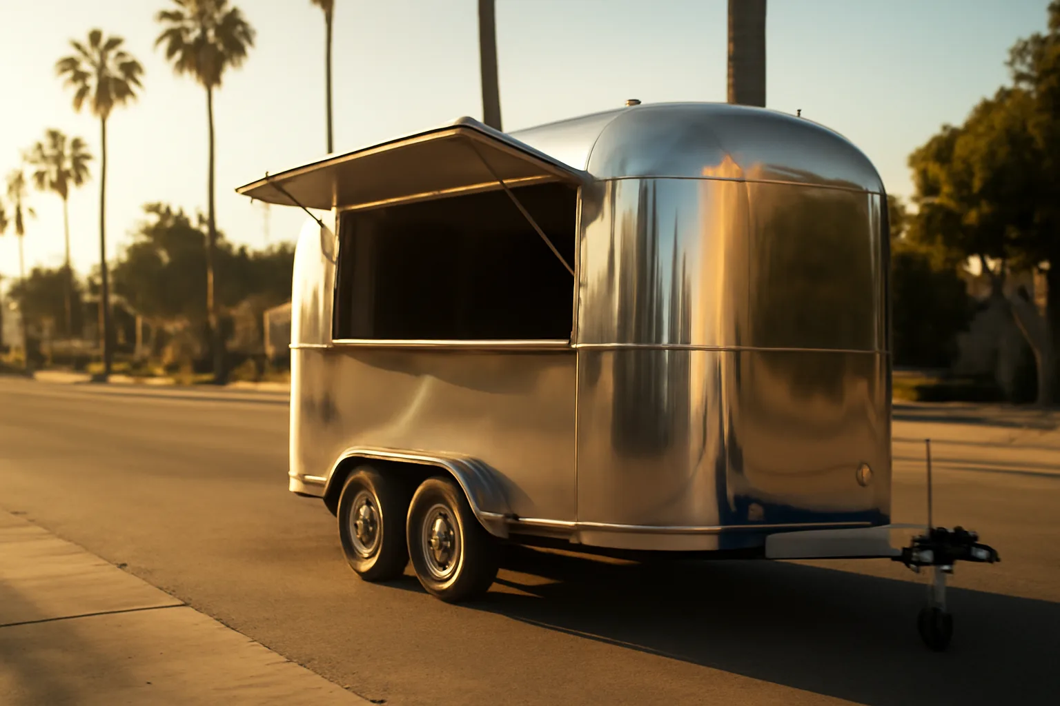 Stainless steel concession trailer with open serving window on a California street in afternoon light