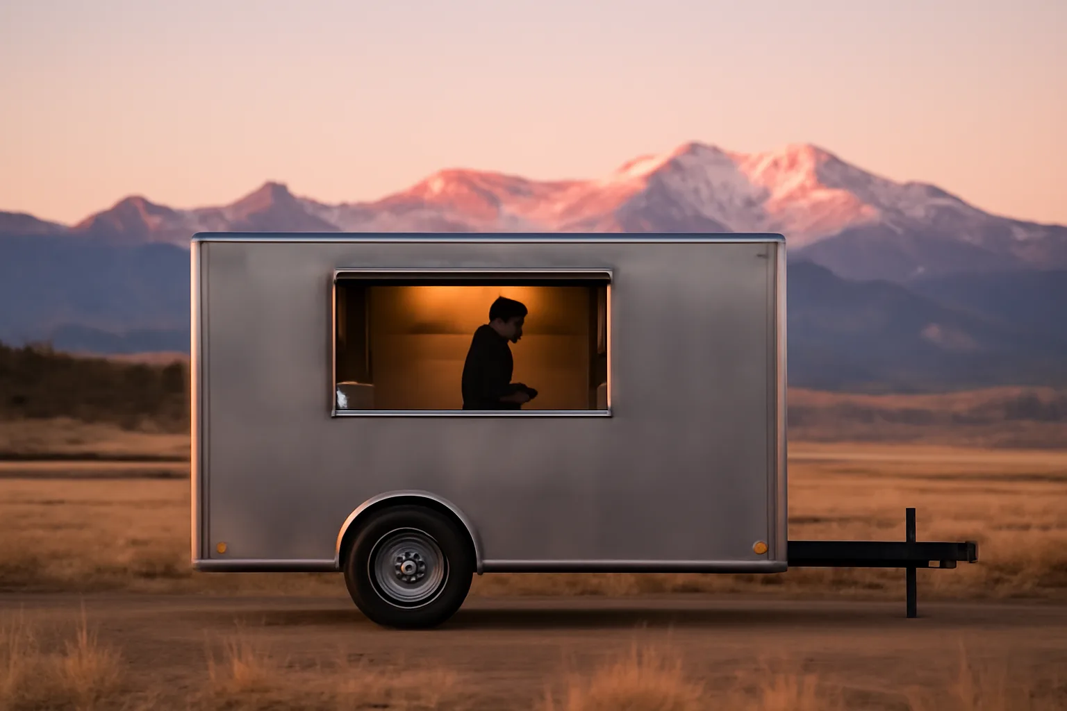 Unmarked concession trailer at sunrise below Colorado Front Range peaks