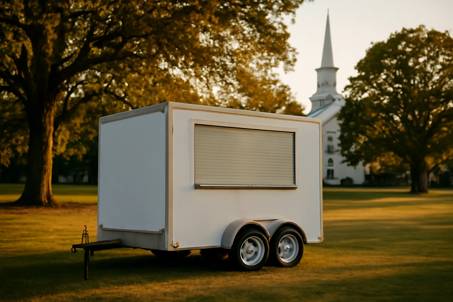 Closed concession trailer on a Connecticut town green at afternoon