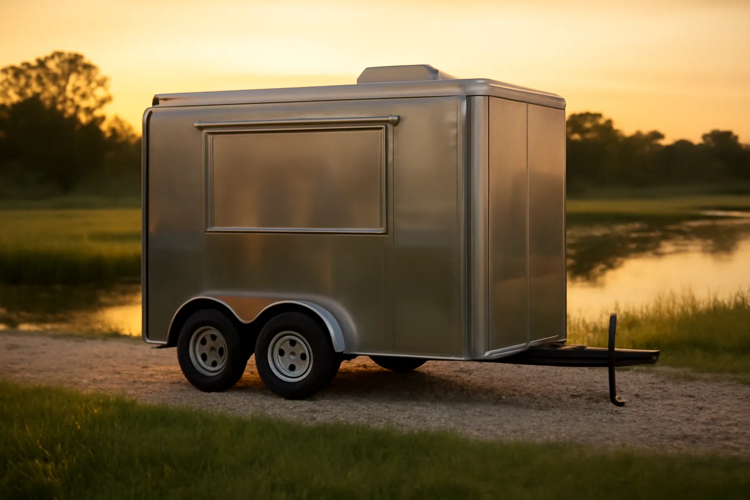 Unlettered concession trailer parked by a quiet Delaware tidal creek