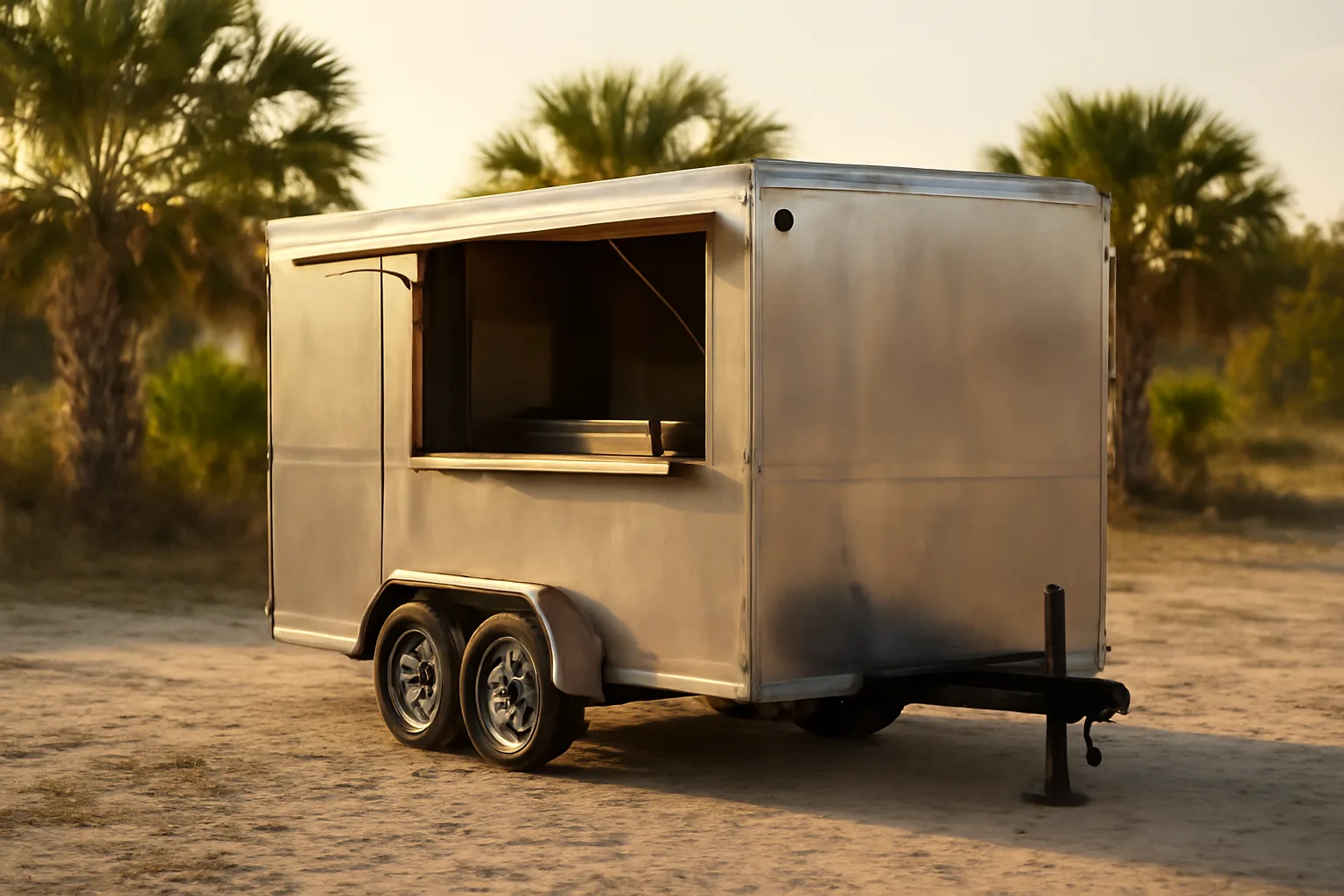 Open concession trailer on a sandy Florida lot at sunset